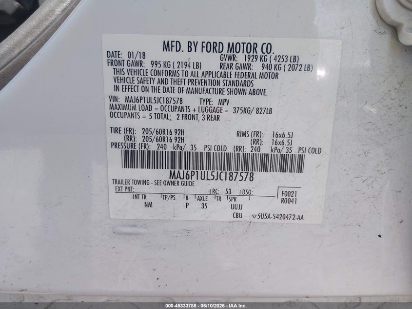 2018 Ford Ecosport VIN MAJ6P1UL5JC187578 IAAI salvage auction — REAR END, Salvage (Illinois), sold $1,200 on 2026-07-31 (photo 9)