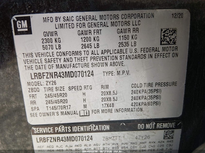 2021 Buick Envision VIN LRBFZNR43MD070124 IAAI salvage auction — FRONT END, Salvage (Alabama), sold $25 on 2026-07-16 (photo 9)