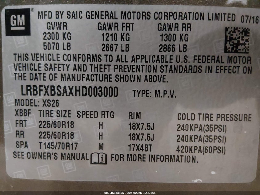 2017 Buick Envision VIN LRBFXBSAXHD003000 IAAI salvage auction — FRONT END, Salvage (Iowa), sold $900 on 2026-07-28 (photo 9)