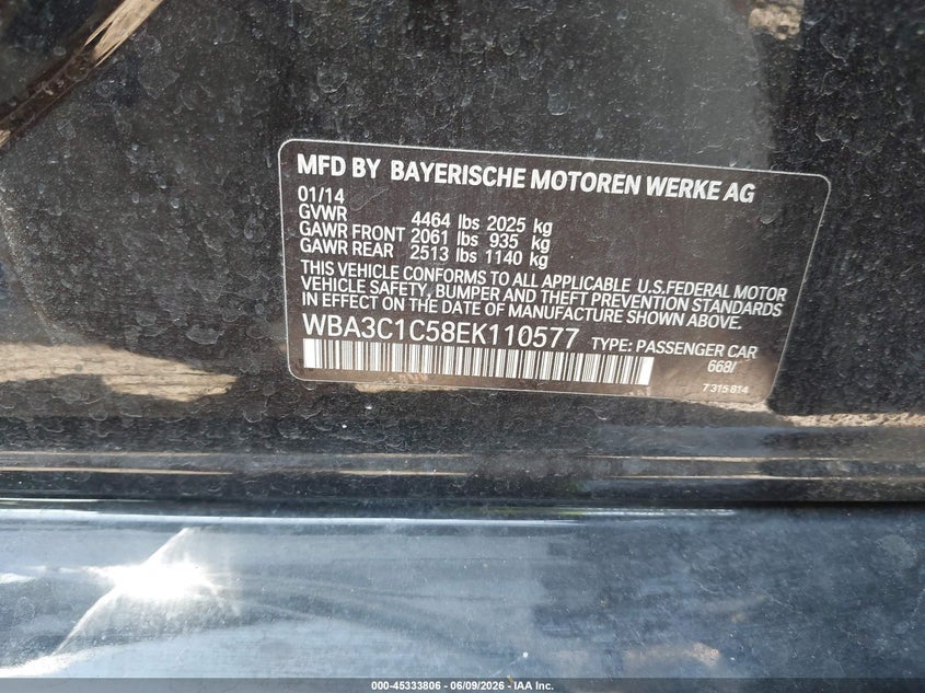 2014 BMW 3er VIN WBA3C1C58EK110577 IAAI salvage auction — NORMAL WEAR, Salvage Title, sold $1,025 on 2026-07-28 (photo 9)