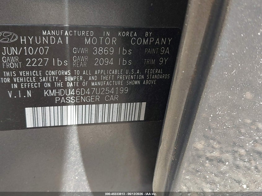 2007 Hyundai Elantra VIN KMHDU46D47U254199 IAAI salvage auction — NORMAL WEAR, Clear (New York), sold $500 on 2026-07-07 (photo 9)