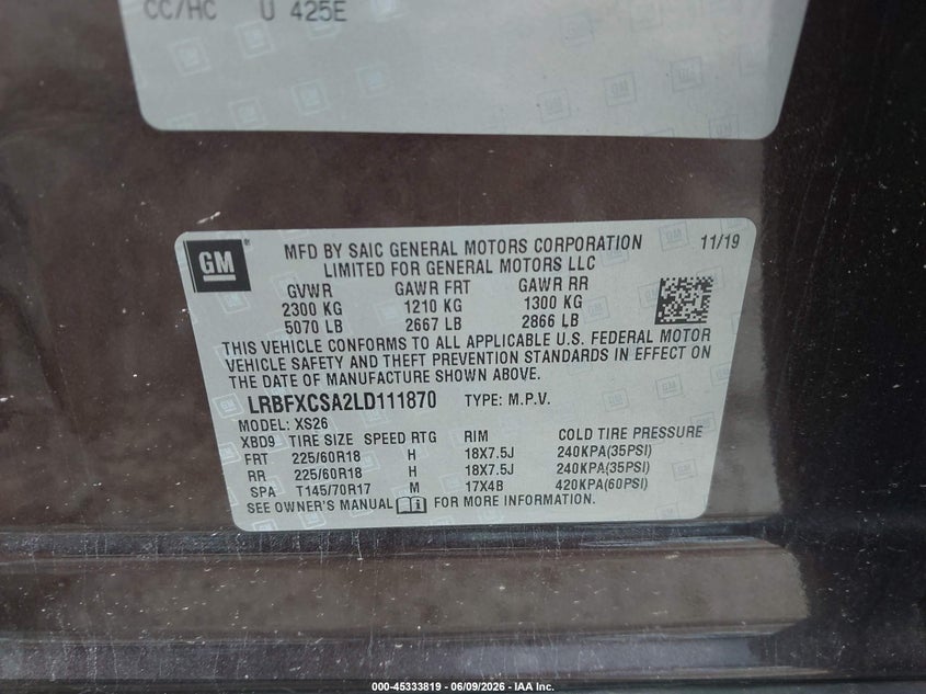 2020 Buick Envision VIN LRBFXCSA2LD111870 IAAI salvage auction — LEFT SIDE, Salvage (Ohio), sold $50 on 2026-07-28 (photo 9)