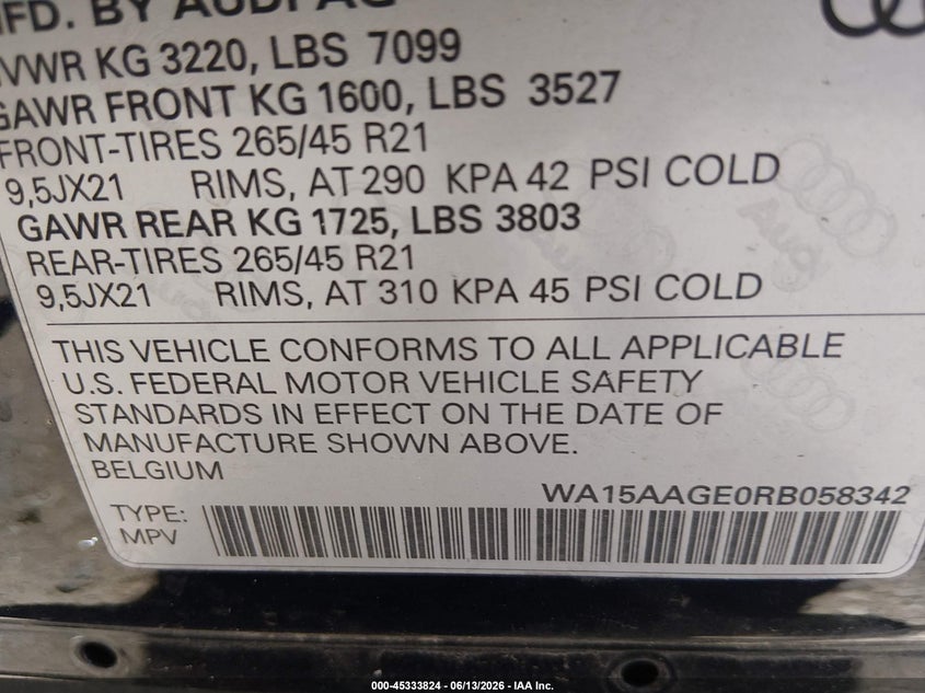 2024 Audi Q8 VIN WA15AAGE0RB058342 IAAI salvage auction — REAR END, Salvage (Colorado), sold $18,200 on 2026-07-30 (photo 9)