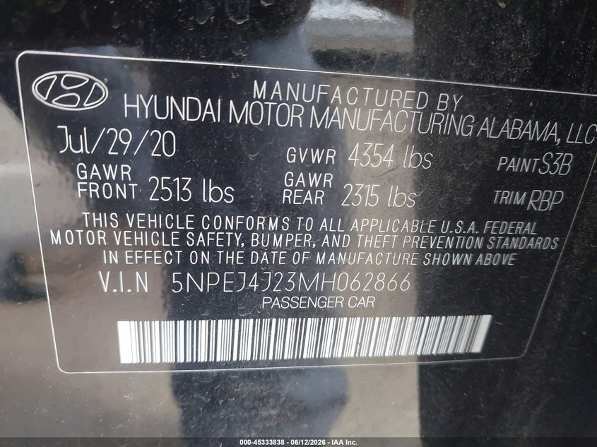 2021 Hyundai Sonata VIN 5NPEJ4J23MH062866 IAAI salvage auction — REAR END, Salvage Title, sold $4,650 on 2026-07-22 (photo 9)