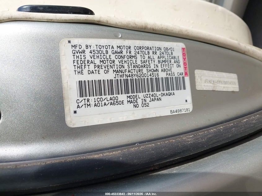 2002 Lexus Sc 430 VIN JTHFN48Y620014516 IAAI salvage auction — HAIL, Salvage (Ohio), sold $975 on 2026-07-07 (photo 9)