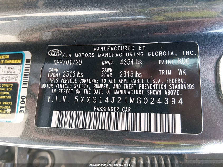 2021 Kia K5 VIN 5XXG14J21MG024394 IAAI salvage auction — ROLLOVER, Salvage (Tennessee), sold $350 on 2026-07-16 (photo 9)