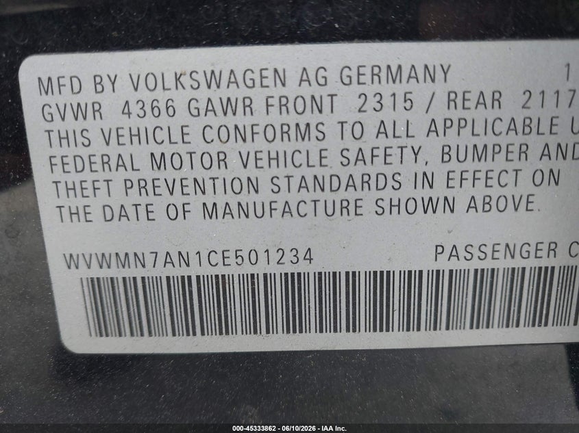 2012 Volkswagen Passat cc VIN WVWMN7AN1CE501234 IAAI salvage auction — NORMAL WEAR, Clear (North Carolina), sold $475 on 2026-07-16 (photo 9)