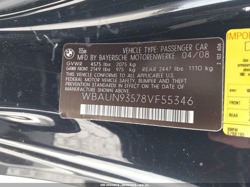 2008 BMW 1 series VIN WBAUN93578VF55346 IAAI salvage auction — NORMAL WEAR, Clear - Dealer Only (California), sold $675 on 2026-07-29 (photo 9)