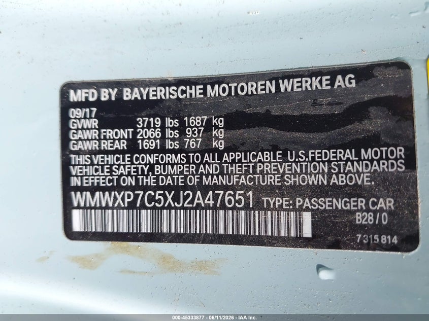 2018 Mini Hard top VIN WMWXP7C5XJ2A47651 IAAI salvage auction — SIDE, Clear (Indiana), sold $2,050 on 2026-07-21 (photo 9)
