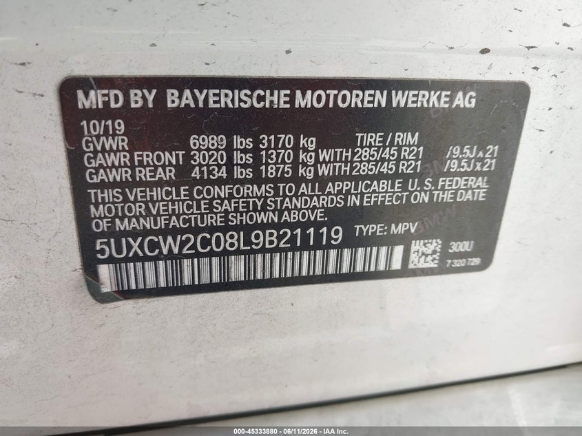 2020 BMW X7 VIN 5UXCW2C08L9B21119 IAAI salvage auction — REAR END, Salvage (North Carolina), sold $18,800 on 2026-07-09 (photo 9)