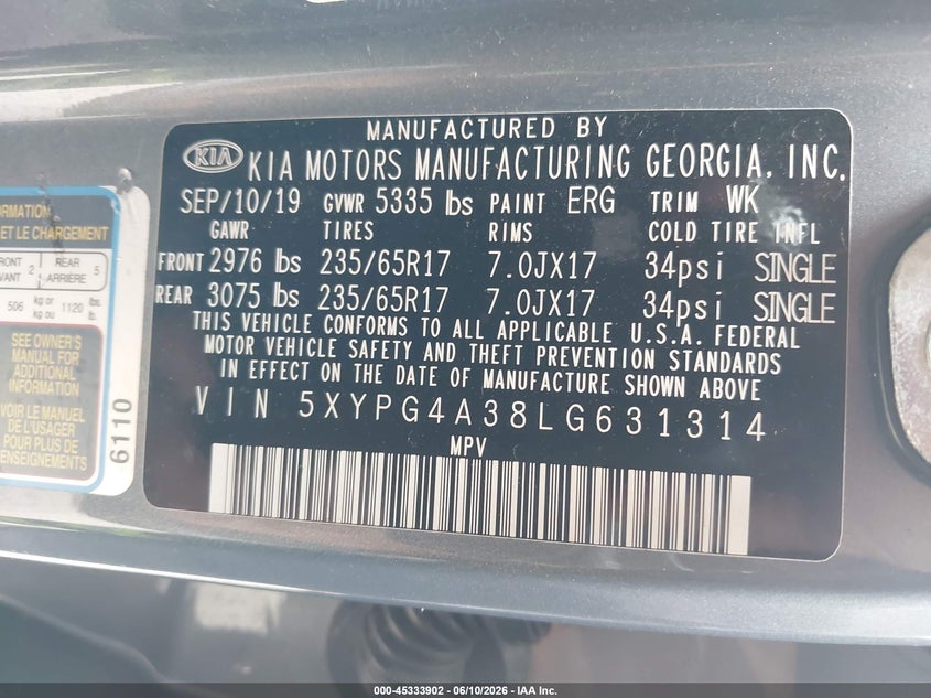 2020 Kia Sorento VIN 5XYPG4A38LG631314 IAAI salvage auction — FRONT END, Salvage (Idaho), sold $2,500 on 2026-07-14 (photo 9)