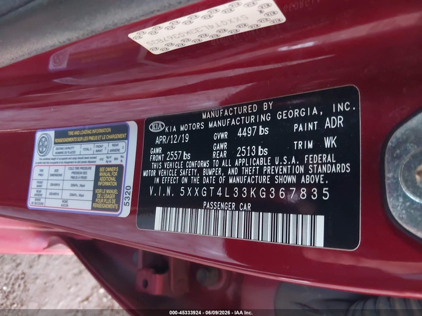 2019 Kia Optima VIN 5XXGT4L33KG367835 IAAI salvage auction — LEFT FRONT, Salvage Title, sold $3,400 on 2026-08-02 (photo 9)