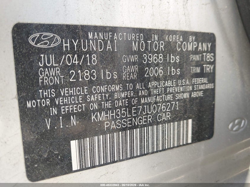 2018 Hyundai Elantra VIN KMHH35LE7JU076271 IAAI salvage auction — SIDE, Salvage (Massachusetts), sold $2,550 on 2026-07-10 (photo 9)