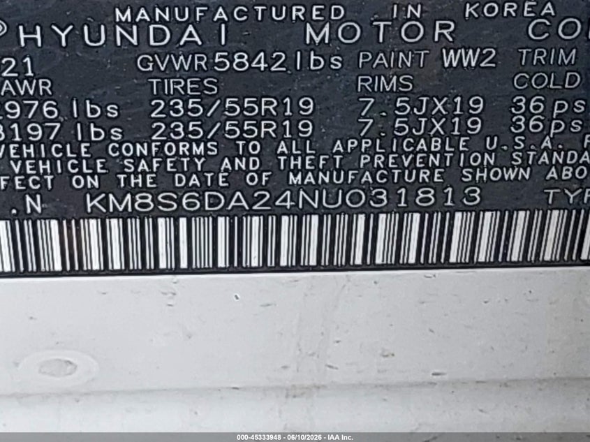 2022 Hyundai Santa fe VIN KM8S6DA24NU031813 IAAI salvage auction — REAR END, Salvage Title, sold $11,025 on 2026-07-14 (photo 9)