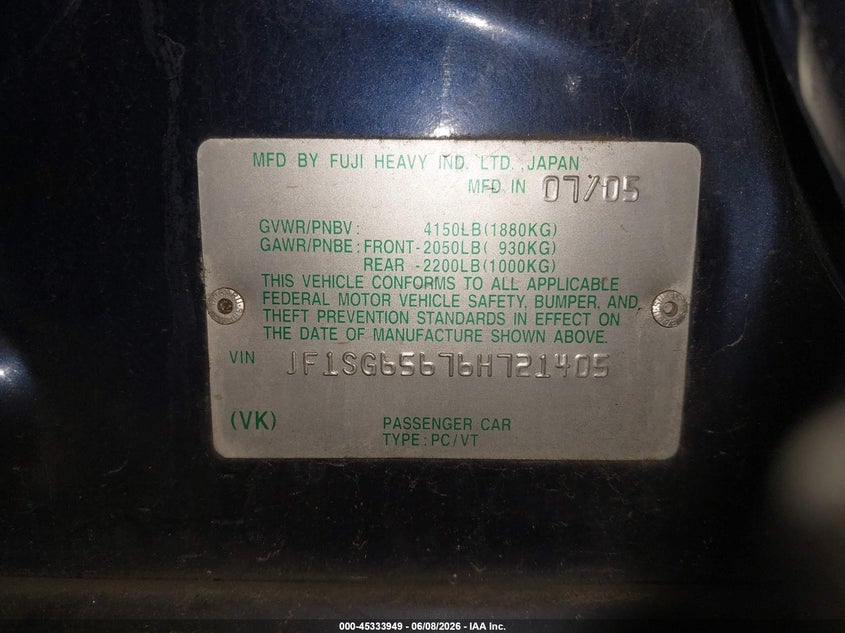 2006 Subaru Forester VIN JF1SG65676H721405 IAAI salvage auction — NORMAL WEAR, Clear - Dealer Only (California), sold $375 on 2026-07-21 (photo 9)