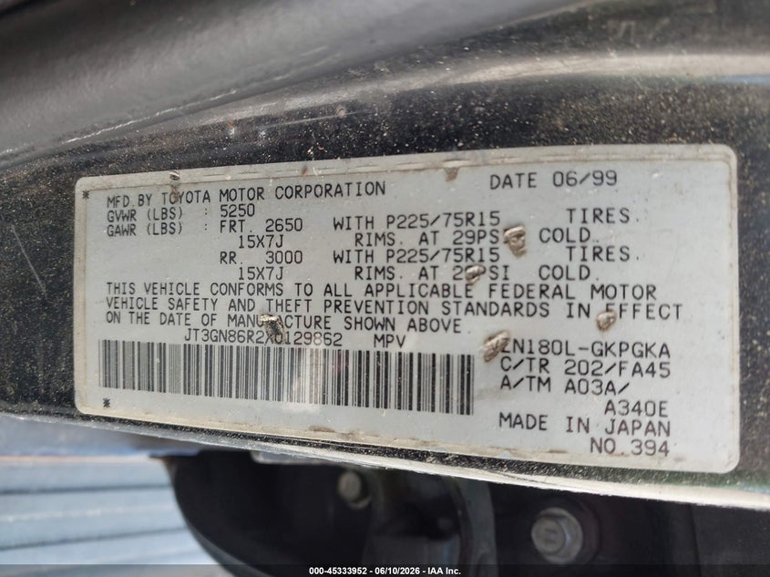 1999 Toyota 4runner VIN JT3GN86R2X0129862 IAAI salvage auction — NORMAL WEAR, Clear (Georgia), sold $525 on 2026-07-17 (photo 9)