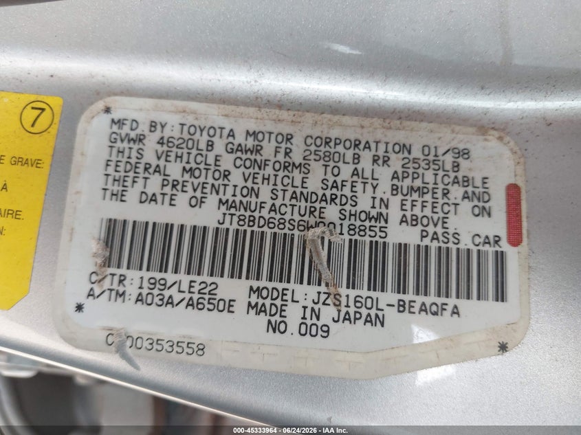 1998 Lexus Gs 300 VIN JT8BD68S6W0018855 IAAI salvage auction — MECHANICAL, Salvage (Texas), sold $150 on 2026-07-16 (photo 9)