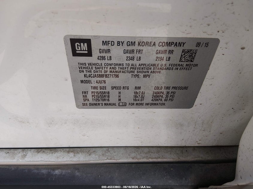2015 Buick Encore VIN KL4CJASB8FB271796 IAAI salvage auction — FRONT END, Salvage Title, sold $25 on 2026-07-30 (photo 9)