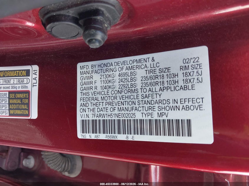 2022 Honda Cr-v VIN 7FARW1H51NE002025 IAAI salvage auction — SIDE, Salvage Title, sold $7,500 on 2026-07-18 (photo 9)