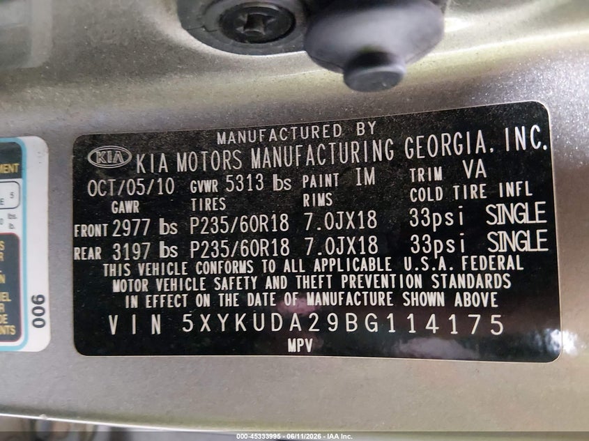 2011 Kia Sorento VIN 5XYKUDA29BG114175 IAAI salvage auction — NORMAL WEAR, Original (Alaska), sold $1,125 on 2026-07-10 (photo 9)