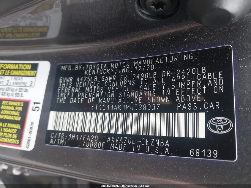 2021 Toyota Camry VIN 4T1C11AK1MU538037 IAAI salvage auction — REAR END, Salvage - 75% Or Less (Maryland), sold $6,700 on 2026-07-31 (photo 9)