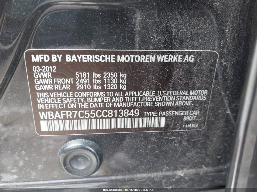 2012 BMW 5er VIN WBAFR7C55CC813849 IAAI salvage auction — FRONT & REAR, Original (Texas), sold $1,100 on 2026-07-11 (photo 9)