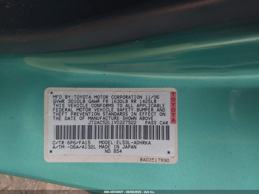 1997 Toyota Tercel VIN JT2AC52L1V0227522 IAAI salvage auction — FRONT END, Clear (Virginia), sold $225 on 2026-07-07 (photo 9)