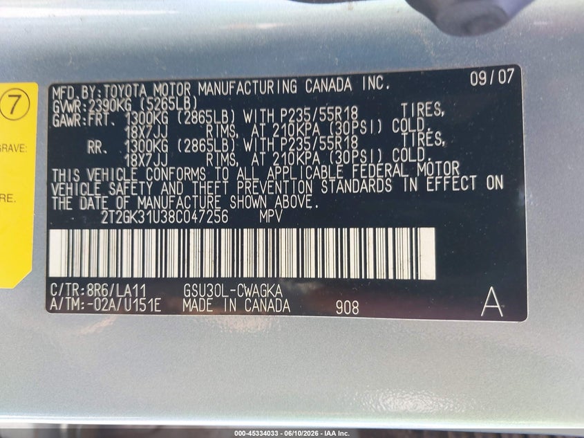 2008 Lexus Rx VIN 2T2GK31U38C047256 IAAI salvage auction — RIGHT FRONT, Salvage (Kentucky), sold $1,000 on 2026-07-22 (photo 9)