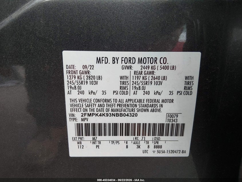 2022 Ford Edge VIN 2FMPK4K93NBB04320 IAAI salvage auction — HAIL, Salvage Title, sold $8,750 on 2026-08-18 (photo 9)
