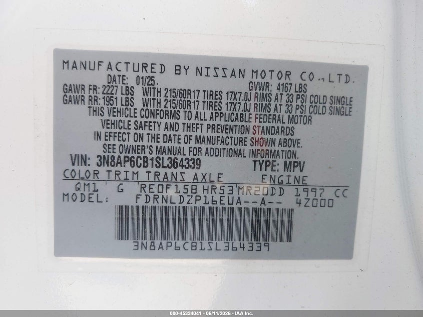 2025 Nissan Kicks VIN 3N8AP6CB1SL364339 IAAI salvage auction — RIGHT FRONT, Salvage Title, sold $8,150 on 2026-07-20 (photo 9)