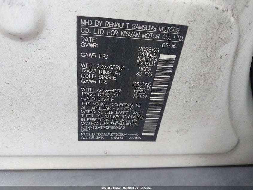2016 Nissan Rogue VIN KNMAT2MT7GP699687 IAAI salvage auction — NORMAL WEAR, Clear (Tennessee), sold $600 on 2026-07-23 (photo 9)