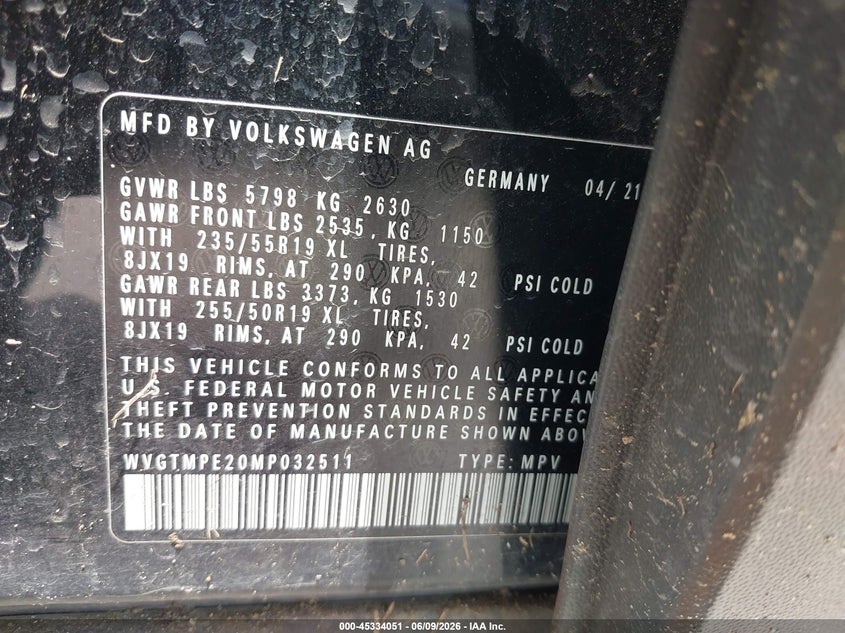 2021 Volkswagen Id.4 VIN WVGTMPE20MP032511 IAAI salvage auction — ROLLOVER, Salvage Title, sold $1,300 on 2026-08-19 (photo 9)