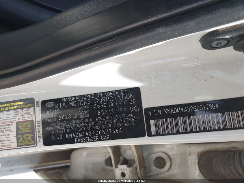 2016 Kia Rio VIN KNADM4A32G6577364 IAAI salvage auction — REAR END, Salvage (Texas), sold $675 on 2026-07-28 (photo 9)