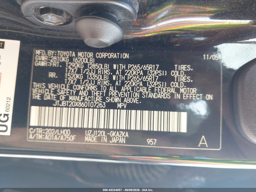 2006 Lexus Gx 470 VIN JTJBT20X860107263 IAAI salvage auction — FRONT END, Clear (Indiana), sold $2,150 on 2026-07-11 (photo 9)