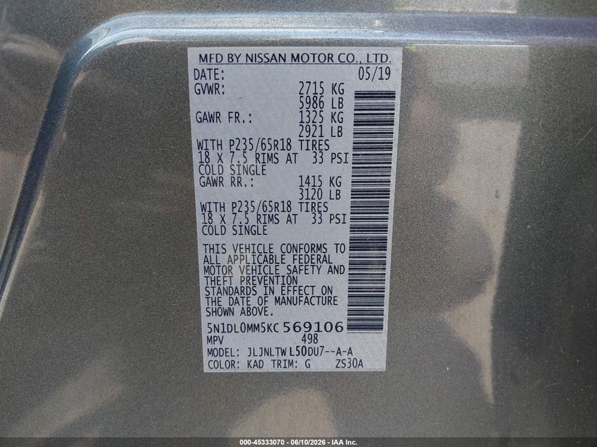 2019 Infiniti Qx60 VIN 5N1DL0MM5KC569106 IAAI salvage auction — FRONT END, Salvage Title, sold $3,950 on 2026-07-10 (photo 9)