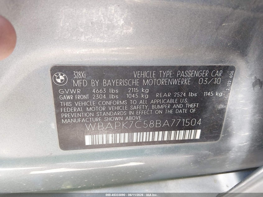 2011 BMW 3 series VIN WBAPK7C58BA771504 IAAI salvage auction — NORMAL WEAR, Salvage (Idaho), sold $750 on 2026-07-16 (photo 9)