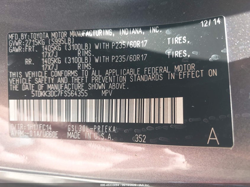 2015 Toyota Sienna VIN 5TDKK3DC7FS564355 IAAI salvage auction — FRONT END, Salvage (Missouri), sold $2,400 on 2026-07-29 (photo 9)