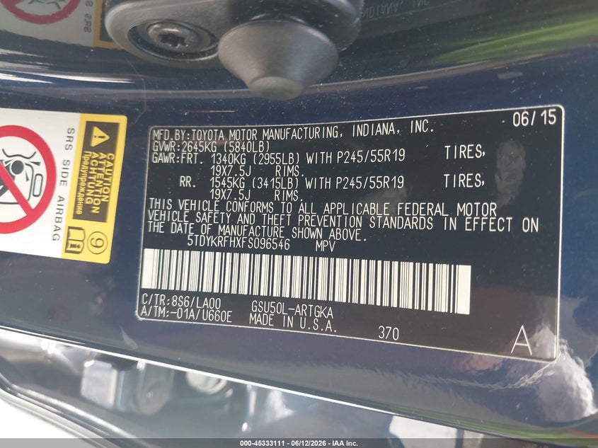 2015 Toyota Highlander VIN 5TDYKRFHXFS096546 IAAI salvage auction — FRONT END, Original (Texas), sold $11,500 on 2026-07-17 (photo 9)