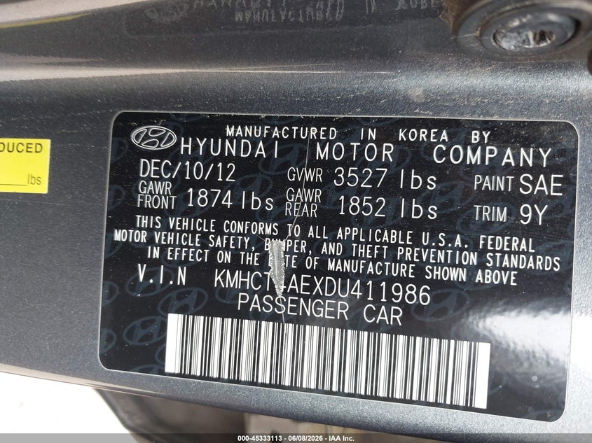 2013 Hyundai Accent VIN KMHCT4AEXDU411986 IAAI salvage auction — RIGHT FRONT, Salvage (Tennessee), sold $300 on 2026-07-29 (photo 9)