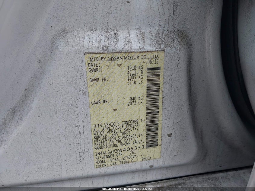2013 Nissan Altima VIN 1N4AL3AP2DN405333 IAAI salvage auction — RIGHT SIDE, Salvage Title, sold $350 on 2026-07-22 (photo 9)