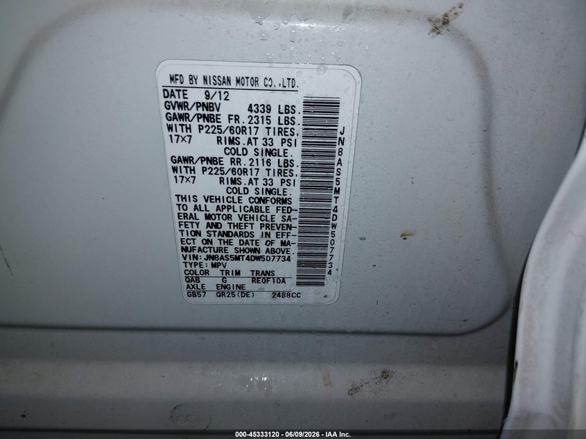 2013 Nissan Rogue VIN JN8AS5MT4DW507734 IAAI salvage auction — FRONT END, Salvage Title, sold $125 on 2026-07-24 (photo 9)