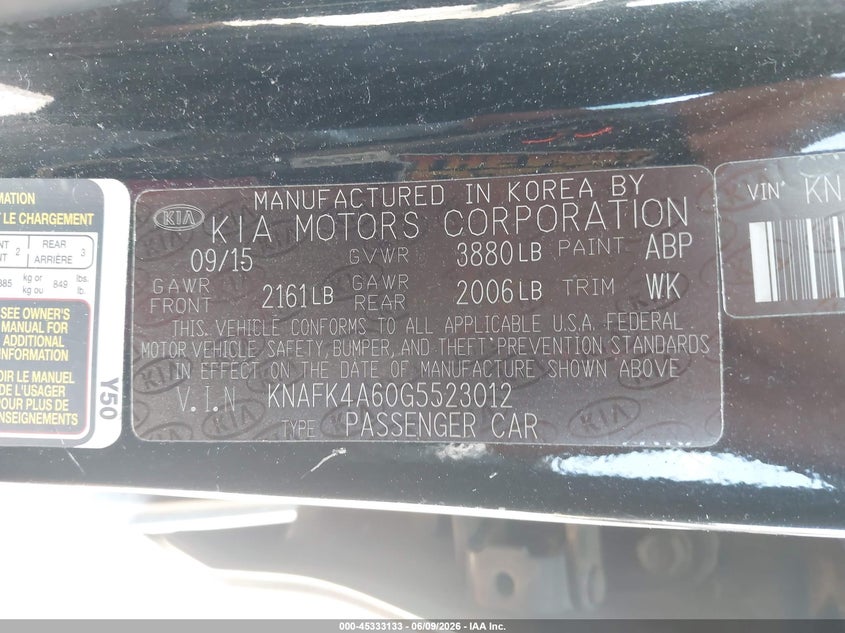 2016 Kia Forte VIN KNAFK4A60G5523012 IAAI salvage auction — LEFT FRONT, Salvage (Texas), sold $700 on 2026-07-28 (photo 9)