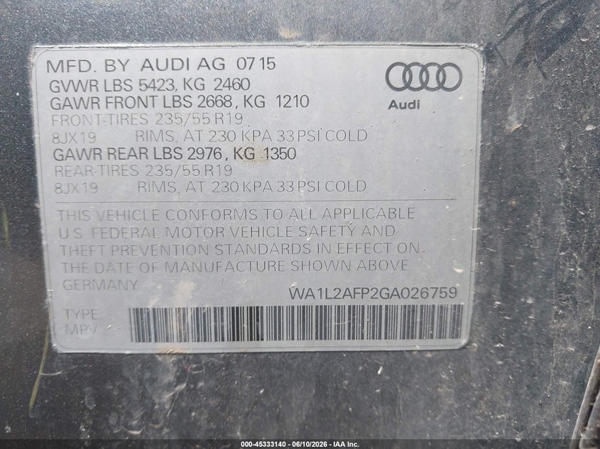 2016 Audi Q5 VIN WA1L2AFP2GA026759 IAAI salvage auction — FRONT END, Salvage Title, sold $1,500 on 2026-07-16 (photo 9)