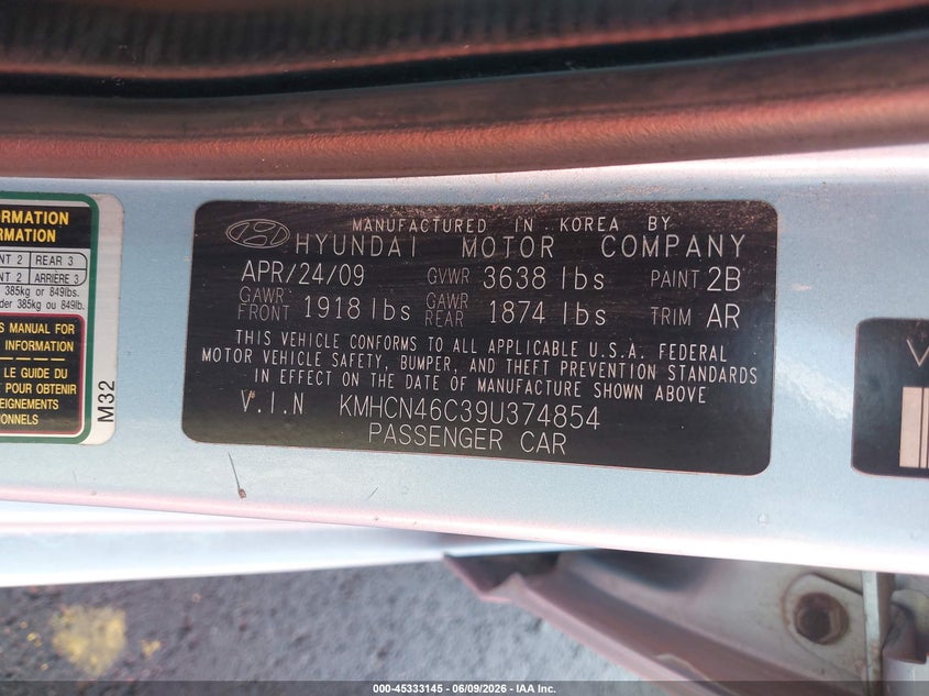 2009 Hyundai Accent VIN KMHCN46C39U374854 IAAI salvage auction — LEFT FRONT, Salvage (Missouri), sold $150 on 2026-07-14 (photo 9)