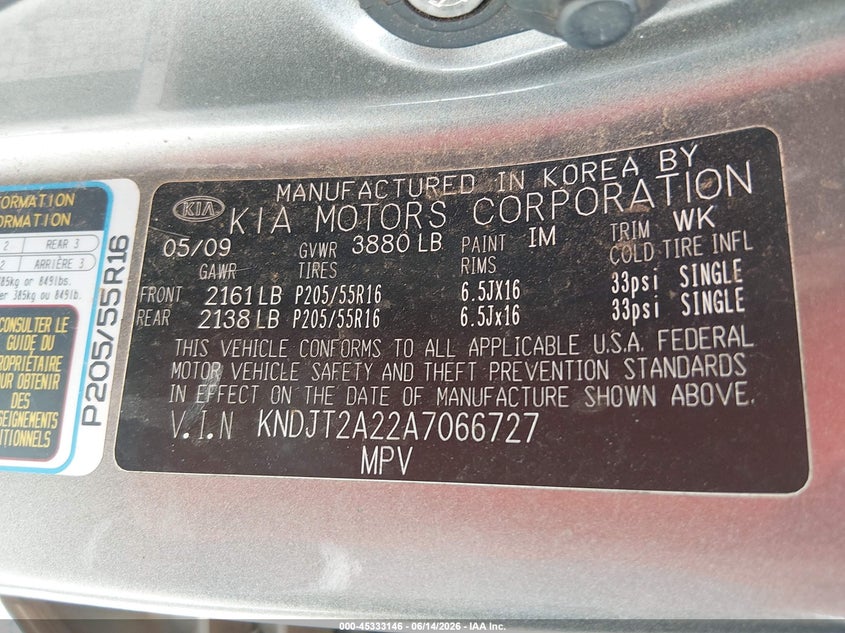 2010 Kia Soul VIN KNDJT2A22A7066727 IAAI salvage auction — FRONT END, Salvage (Alabama), sold $200 on 2026-07-16 (photo 9)