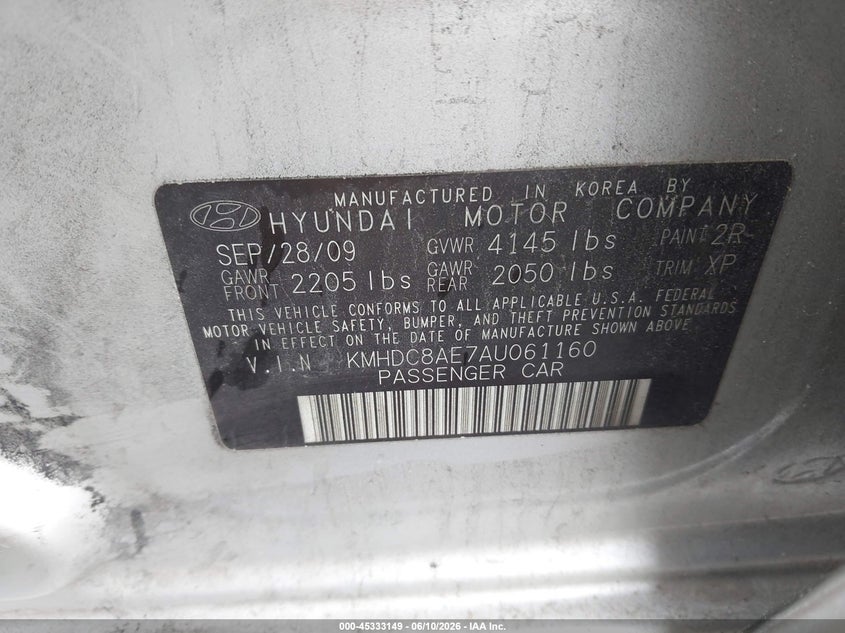 2010 Hyundai Elantra VIN KMHDC8AE7AU061160 IAAI salvage auction — NORMAL WEAR, Clear (Virginia), sold $325 on 2026-07-10 (photo 9)