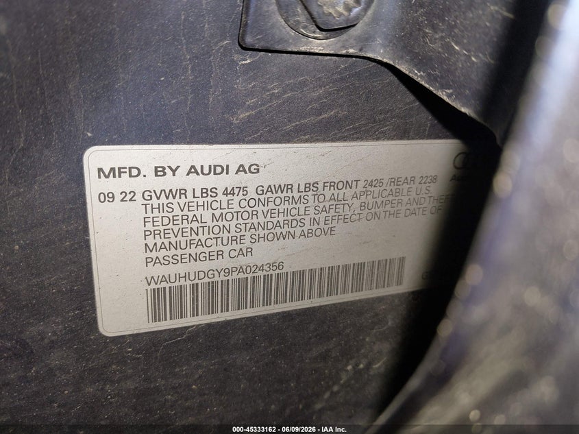 2023 Audi A3 VIN WAUHUDGY9PA024356 IAAI salvage auction — REAR END, Salvage Title, sold $7,650 on 2026-07-16 (photo 9)