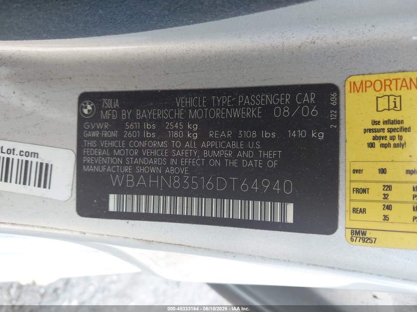 2006 BMW 7er VIN WBAHN83516DT64940 IAAI salvage auction — MECHANICAL, Clear (Florida), sold $425 on 2026-07-09 (photo 9)