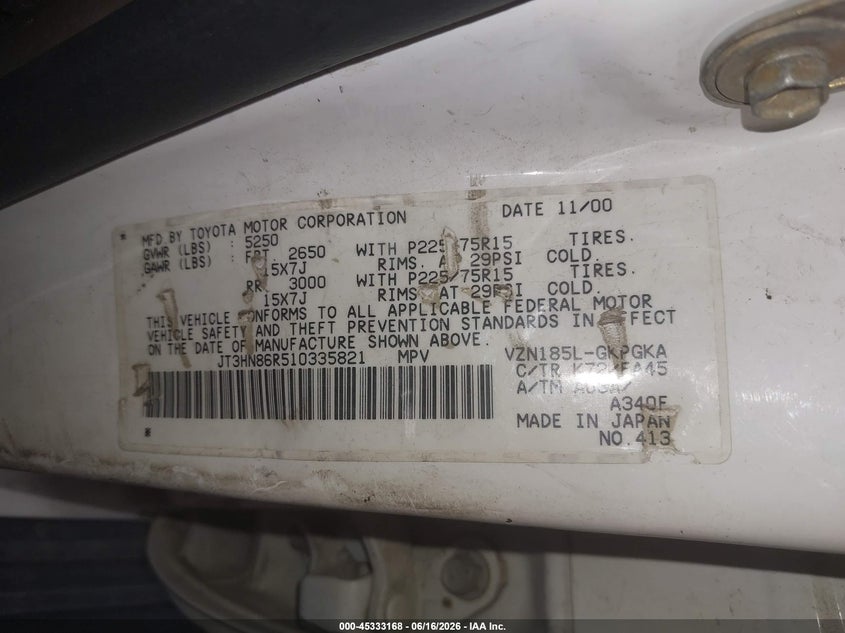 2001 Toyota 4runner VIN JT3HN86R510335821 IAAI salvage auction — NORMAL WEAR, Clear (North Dakota), sold $1,725 on 2026-07-16 (photo 9)