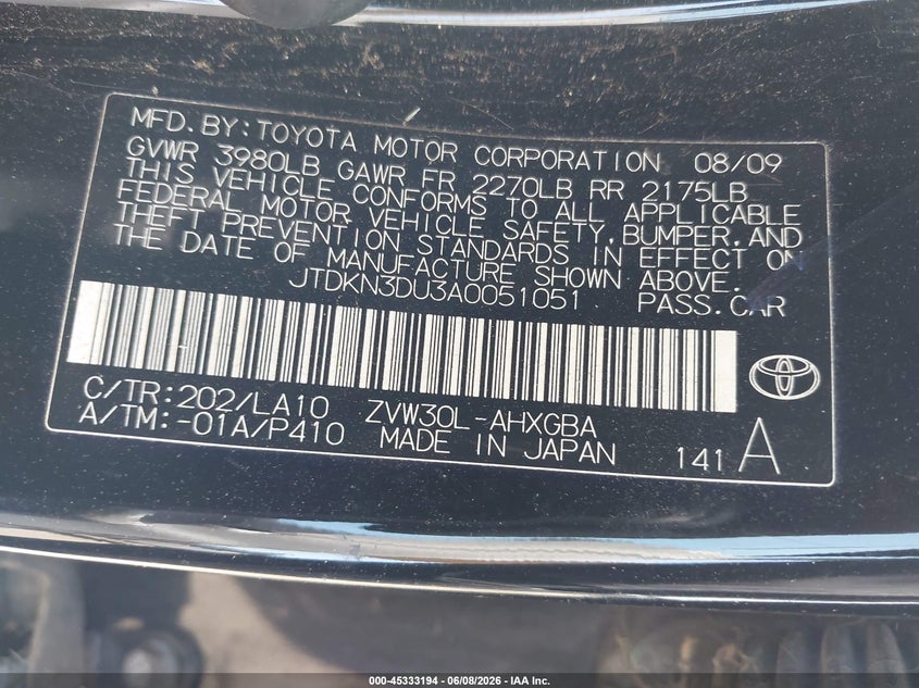 2010 Toyota Prius VIN JTDKN3DU3A0051051 IAAI salvage auction — NORMAL WEAR, Salvage Title - Dealer (California), sold $1,100 on 2026-07-08 (photo 9)